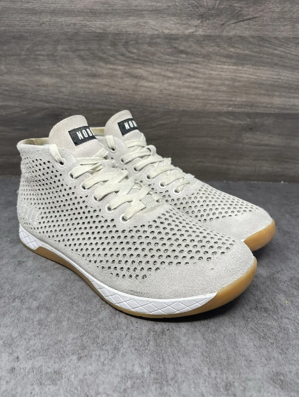 Nobull Mid Trainer Sneakers Womens Size 9 Neutral Beige Suede Gum Crossfit Lift